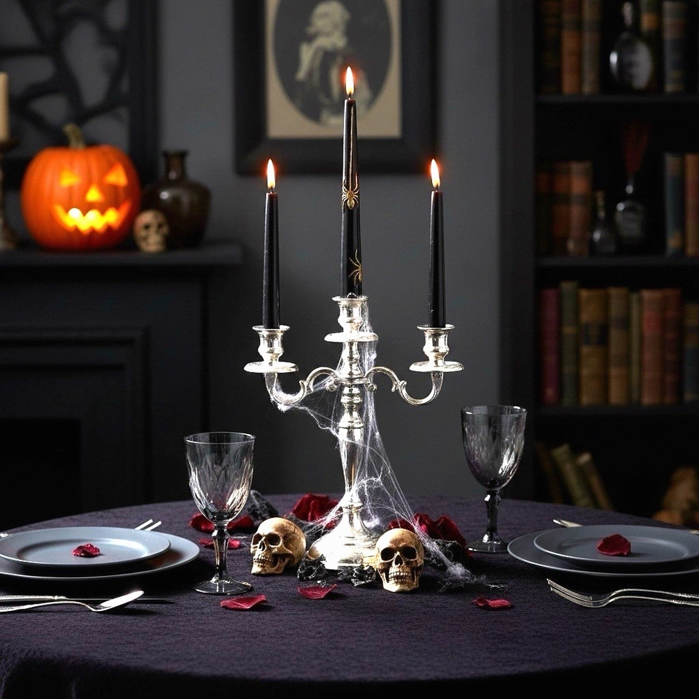 At Home 10 Inch Black Taper Candles with Gold Spider Set of 2 Halloween NIP